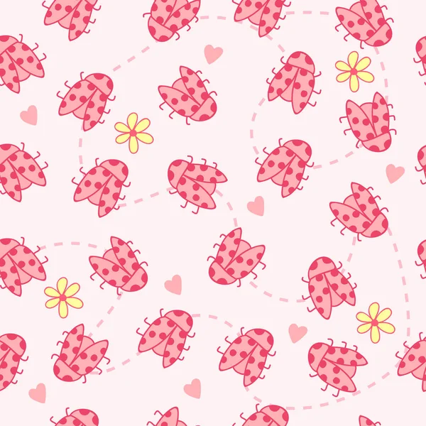 Lovely seamless pattern with pink ladybug, flowers — Stock Vector