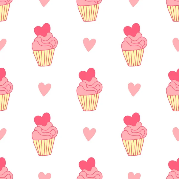 Seamless pattern with cupcakes and hearts on a white background. — Stock Vector