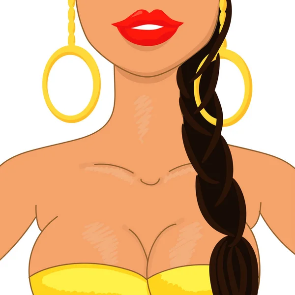 Menina sexy em vestido amarelo com um pigtail e brincos grandes. Avatar fêmea bonita . —  Vetores de Stock