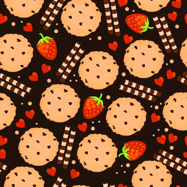 Niedliche nahtlose Muster mit Plätzchen, Erdbeere, Herzen und Schokoladenrolle. — Stockvektor