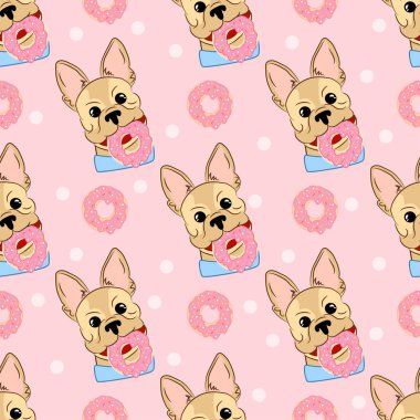 Komik Fransız buldozer ve çörek ile pembe seamless modeli. 