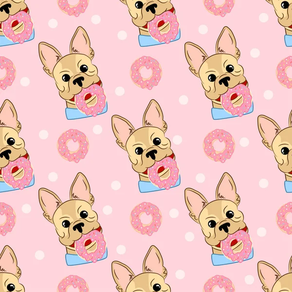 Pink seamless pattern with funny french bulldog and donut. — Stock Vector