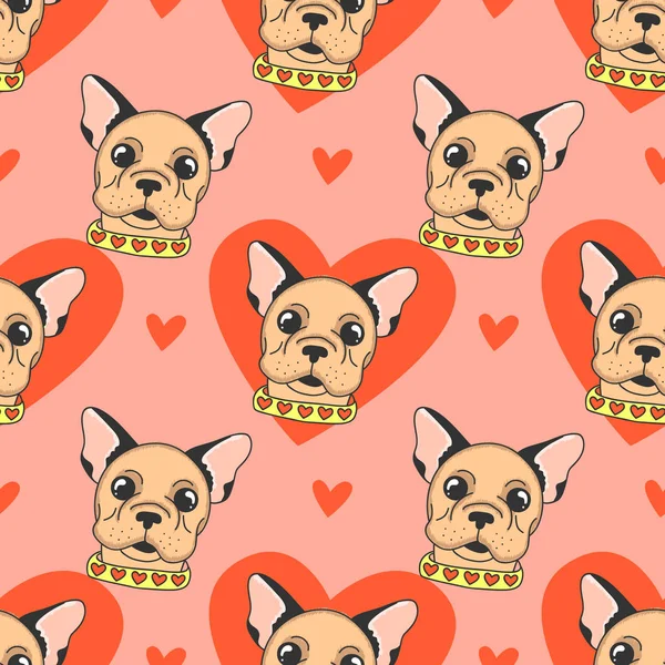 Seamless cute pattern with french bulldog and hearts. Funny animal background. — Stock Vector