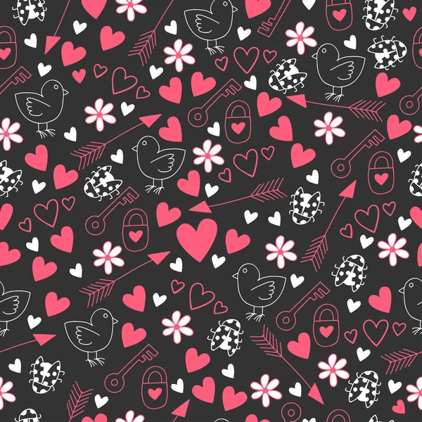 Happy St. Valentine's Day. Love seamless pattern with cock, hearts, arrow, flowers, ladybug, key, padlock on a dark background. — Stock Vector