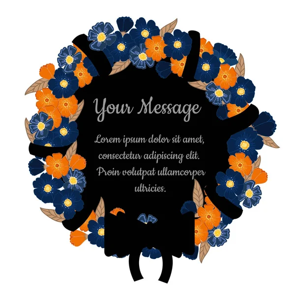 Funeral frame with flowers, bow and place for your text. Mourning card. Isolated illustration. — Stock Vector