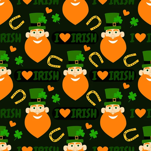 Adoro a Irish. Férias sem costura padrão com ferradura, corações, trevo, chapéu, duende. Fundo engraçado. Feliz Dia de São Patrício . — Vetor de Stock