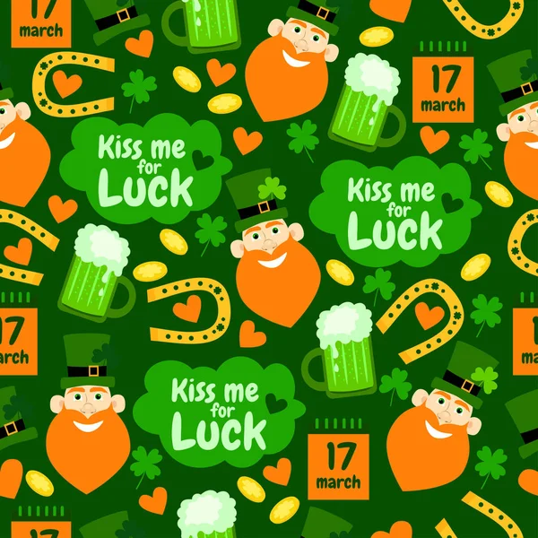 Funny cartoon background with horseshoe, hearts, clover, money, green beer, leprechaun, hat. Kiss me for luck. Holiday seamless pattern. Happy St. Patrick's Day. — Stock Vector