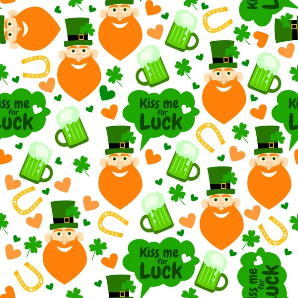 Funny holiday seamless pattern with cartoon leprechaun, beer, clover, hearts, horseshoe. Kiss me for luck. Happy St. Patrick's Day. — Stock Vector