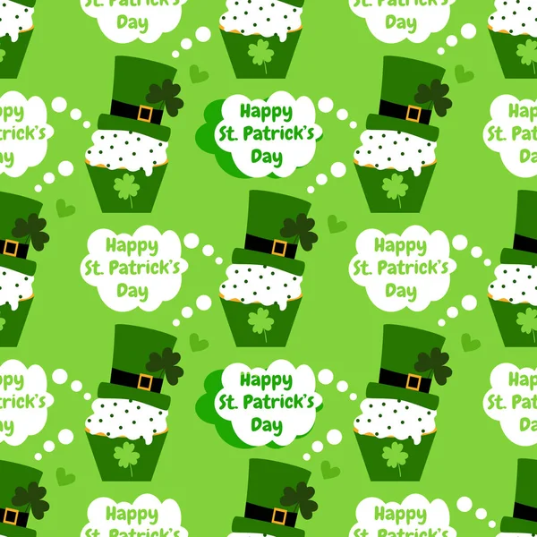 Joyeuse Saint-Patrick. Modèle sans couture de vacances avec des cupcakes mignons avec chapeau, crème et trèfle sur un fond vert . — Image vectorielle