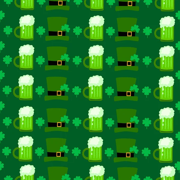 Joyeuse Saint-Patrick. Modèle sans couture avec chapeaux, trèfle et bière verte. Fond de vacances . — Image vectorielle