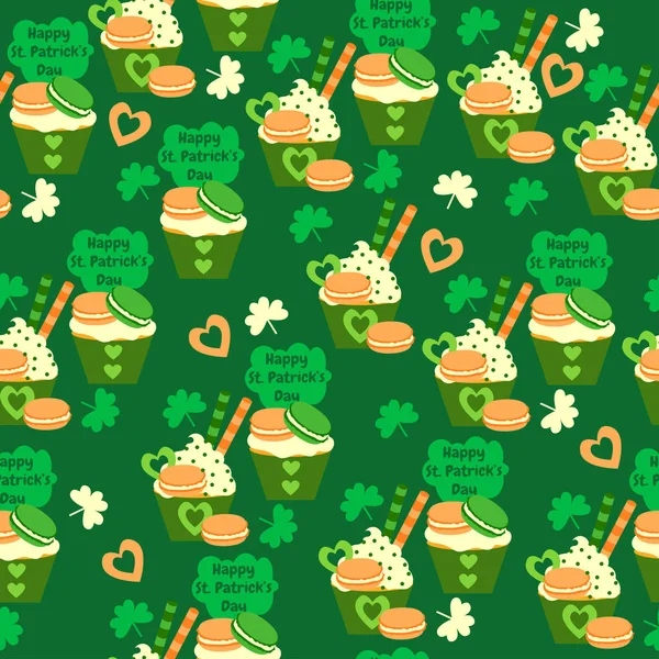 Doux motif sans couture avec cupcakes, trèfle, coeurs et macarons. Joyeuse Saint-Patrick. fond de bonbons . — Image vectorielle