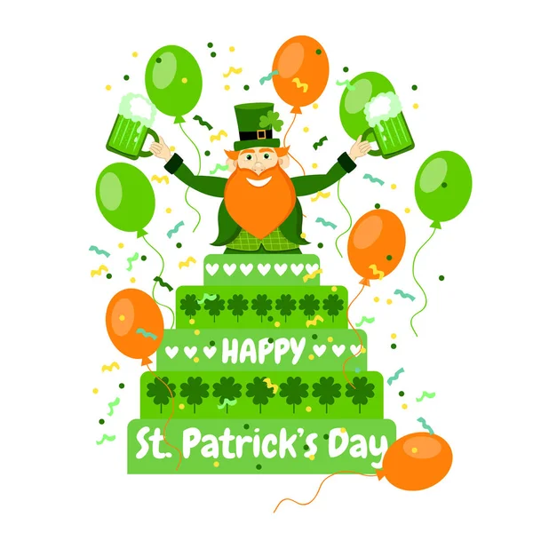 Dibujos animados duende con cerveza, pastel grande, trébol, confeti y globos. Feliz Día de San Patricio. Ilustración vectorial aislada. Banner navideño. Tarjeta postal graciosa . — Vector de stock