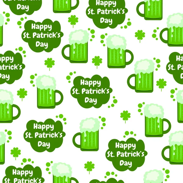 Modèle de vacances avec bière verte et trèfle sur un fond blanc. Joyeuse Saint-Patrick . — Image vectorielle