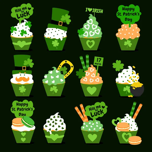 Happy St Patrick's Day. Cupcakes-set. Söta samling. Vektorillustration. — Stock vektor