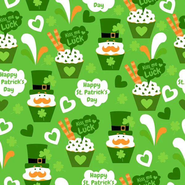Sweet seamless pattern with cupcake, cream, mustache, hearts, wafer rolls, hats and clover. Happy St. Patrick's Day. Funny background. Kiss me for luck. — Stock Vector