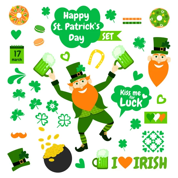 Happy St. Patrick's Day. Vakantie groot set met kabouter, klaver, hart, bier, goud, hoed, donuts, wafer rolt, bitterkoekjes en hoefijzer. Ik hou van Ierse. Kus me voor geluk. Grappige collectie. — Stockvector