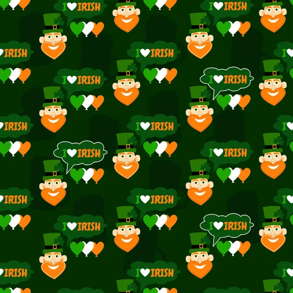 Я люблю ирландский. Смешной бесшовный рисунок с лепреконом, лоскутом, сердцами и шляпой. Отдых. Happy St. Patrick 's Day . — стоковый вектор