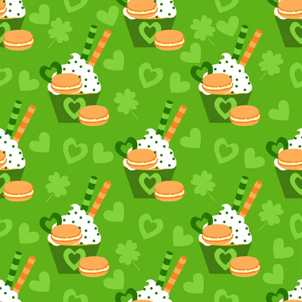 Happy st. patrick 's day. nahtloses Muster mit Cupcakes, Waffelrollen, Makronen, Herzen und Klee. Urlaub im Grünen. — Stockvektor