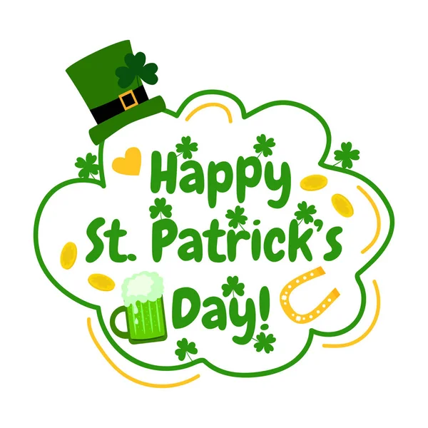 Happy St Patrick's Day. Julkort med hästsko, klöver, hjärter, grön öl, pengar och hatt. — Stock vektor