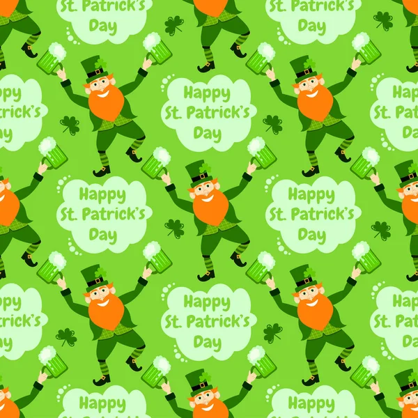 Szczęśliwy St. Patrick's Day. Zabawny krasnoludek z piwem. Wakacje bez szwu wzór. — Wektor stockowy