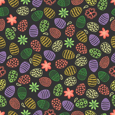 Karanlık Dikişsiz desen renk yumurta, çiçek ve elle çizilmiş tasarım öğesi. Arka plan doodle. Mutlu Paskalya. 
