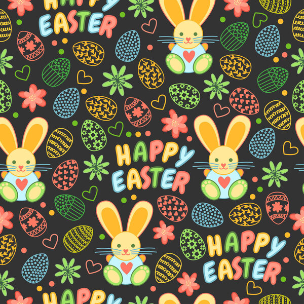 Funny seamless pattern with colors eggs, rabbit, flowers, circle and hearts. Happy Easter. 