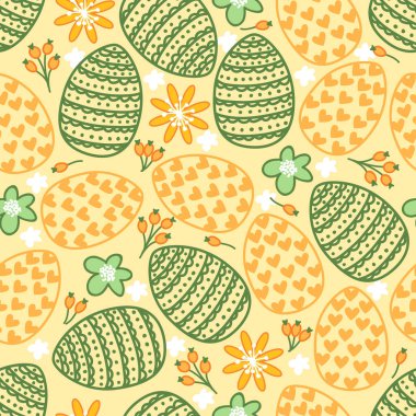 Yumurta, çiçek ve kalpleri şirin seamless modeli. Mutlu paskalyalar. Tatil arka plan.