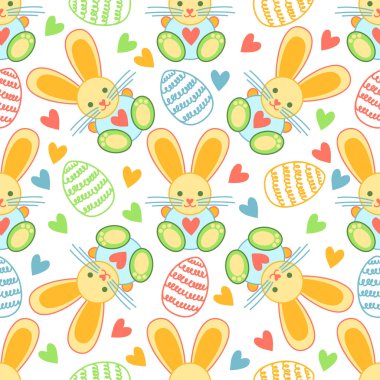 Komik çocuklar desen bunny, yumurta ve kalpleri üzerinde beyaz bir arka plan ile. Şirin arka plan. Mutlu Paskalya. 
