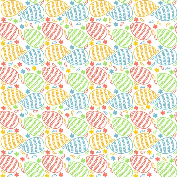 Seamless pattern with eggs, flowers, hearts and design elements. Happy Easter. Holiday background. — Stock Vector
