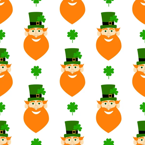 Modèle sans couture vacances avec leprechaun, chapeau et trèfle. Joyeuse Saint-Patrick. Drôle de fond . — Image vectorielle