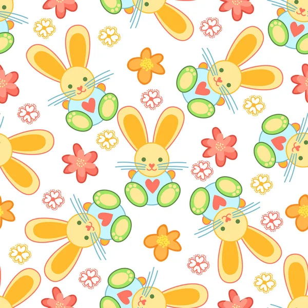 Modèle sans couture pour enfants avec lapin de Pâques et fleurs. Fond de vacances dessiné à la main . — Image vectorielle