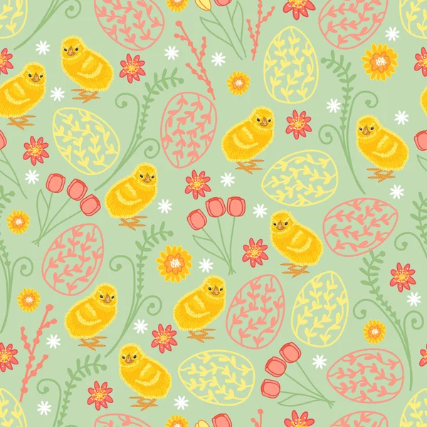 Patrón sin costura de Pascua con polluelos, flores, hojas y huevos. Vacaciones lindo fondo . — Vector de stock