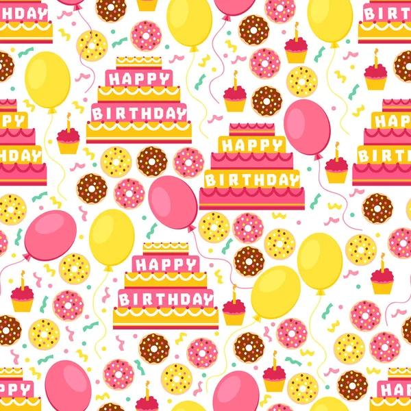 Happy Birthday. Holiday seamless pattern with cake, cupcake, candle, balloons, confetti and donuts. Sweet background.