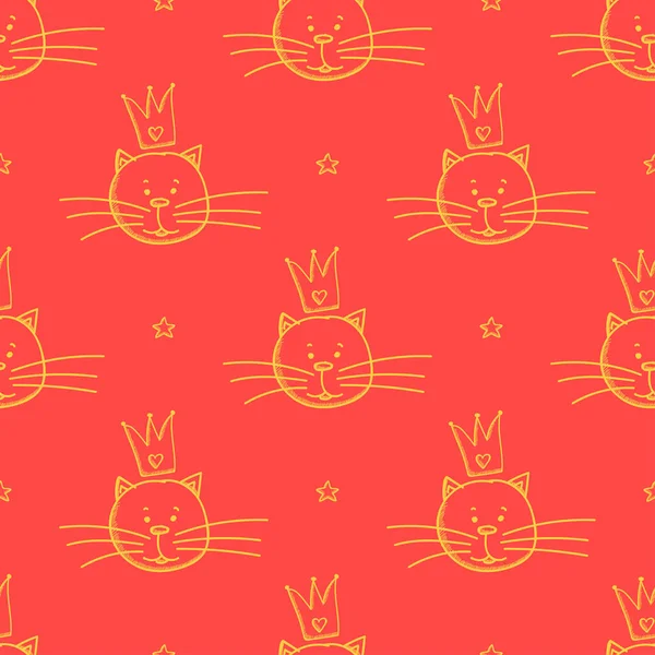 Funny seamless pattern with cat in the crown. Sketches cute background. — Stock Vector