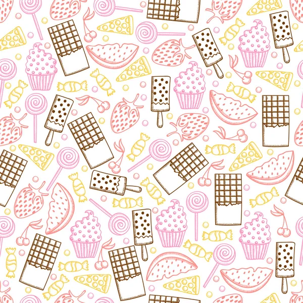 Сладкий ручной рисунок. Стиль эскизов. Candy seamless pattern with мороженое, пицца, lollipop, кекс, шоколад и фрукты . — стоковый вектор