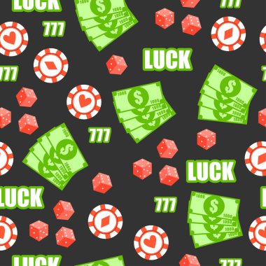 Oyun blokları, para, cips ve şans ile Seamless modeli. Casino arka plan. 
