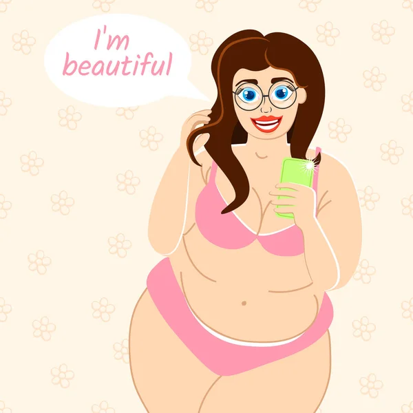 Sexy young girl doing selfie. Fat woman in underwear. I am beautifull. Cartoon vector illustration. — Stock Vector