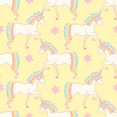 Şirin tek boynuzlu atlar ve çiçekler ile Seamless modeli. Vektör sihirli arka plan etiketleri, iğne, karikatür tarzı yamalarındaki ile.