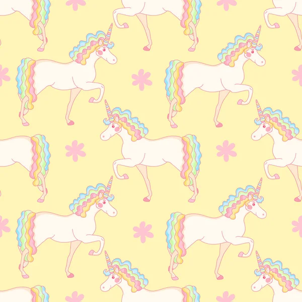Seamless pattern with cute unicorns and flowers.Vector magic background with stickers, pins, patches in cartoon style. — Stock Vector