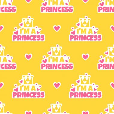 Ben bir prensesim. Kalpler, çıkartmalar ve taç ile sarı seamless modeli. Kızlar için şirin arka plan. 