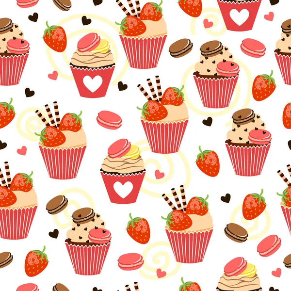 Candy varrat nélküli mintát cupcakes, macaroons, eper, Ostya tekercsek és édes szívek. — Stock Vector