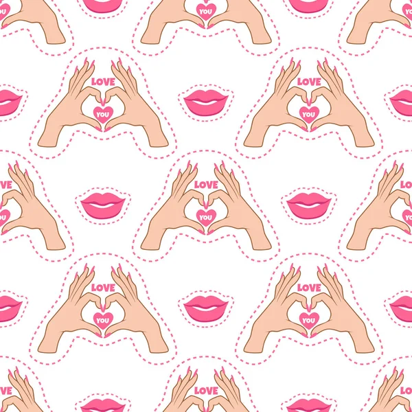 Mode naadloze patroon met coole stickers voor meisje en grote lippen. Achtergrond met patch vector, pin. Ik hou van je. — Stockvector