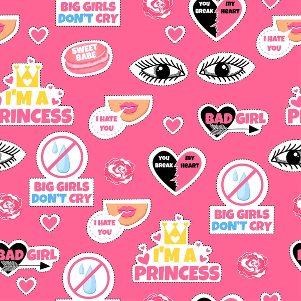 Moda yamalar ile Seamless modeli. çıkartmalar, iğne, yamalar ve karikatür komik tarzı koleksiyonunda el yazısıyla aldığınız notları. Kötü kız. Eğilim. 