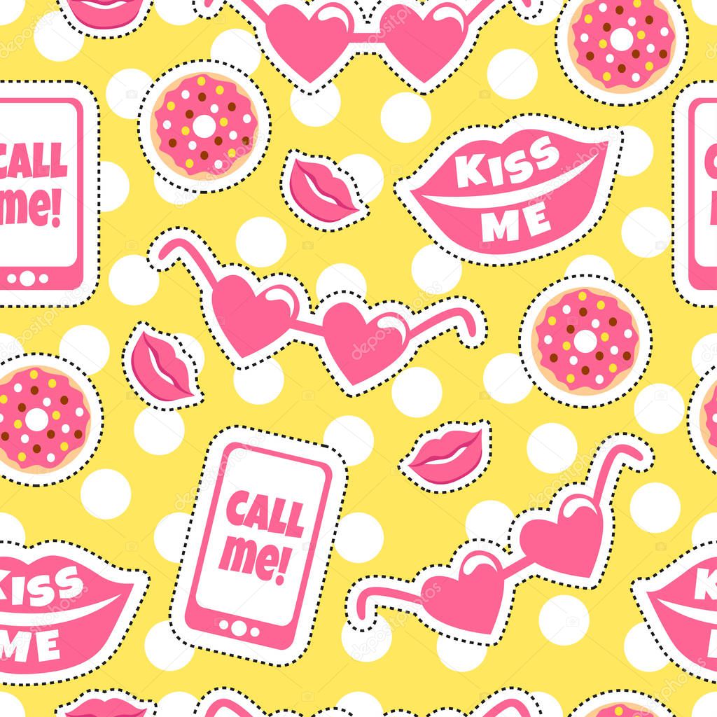 Colourful pattern with funny stickers. Kiss me. Call me. Vector background with cool patches, big lips, glasses, donuts and phone. 