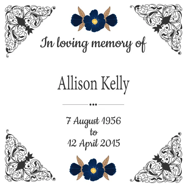In liebevoller Erinnerung. Beerdigungsrahmen. Elegante Trauerkarte mit Designelement und Blumen. — Stockvektor
