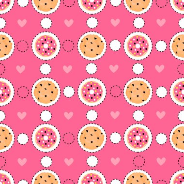 Tatlı çörek, çerez ve kalpleri ile arka plan. Gıda etiketleri ile pembe seamless modeli. 