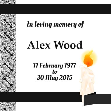 In loving memory. Funeral frame. Mourning card with candle, ribbon, lace and inscription on a white background.  clipart