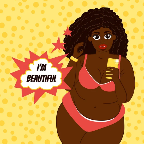Soy hermosa. Sexy afroamericana chica gorda fotografiado a ti mismo. Mujer grande en estilo de dibujos animados. Ilustración vector de moda . — Vector de stock