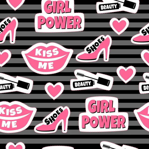 Patches fondo con inscripción: zapatos, belleza, besarme y poder de niña. Patrón sin costuras con labios, corazones y rímel . — Vector de stock