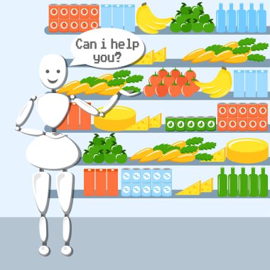Robot satıcısı. Yardımcı olabilir miyim. Vektör çizim bot yardımcı ve ürünleri ile. 